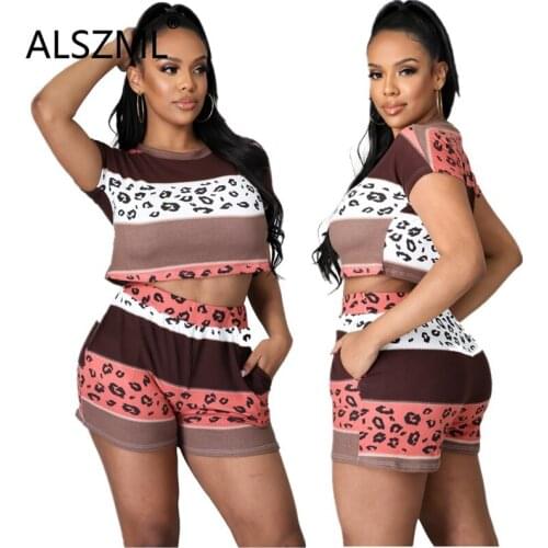 Summer Leopard Print Tracksuit O Neck Casual Short Sleeve 2 Pieces Outfits Female Clothes Set