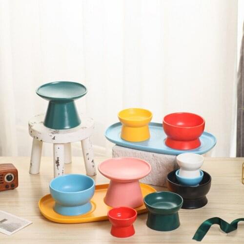 Cute High Foot Cat Feeder Pets Food Bowls Stripe Ceramic Cat Water Bowl Cat Food Bowls Neck Protection Dog Bowl Pet Supplies
