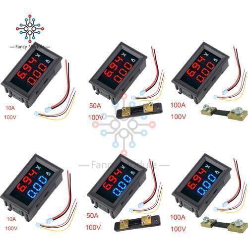 Mini Digital Voltmeter Ammeter 0.56" R/R R/B LED Display DC 100V 10A/50A/100A Panel Amp Voltage Current Meter Tester with Shunt