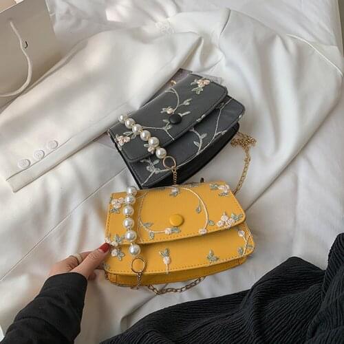Fashion Women Flower Embroidery PU Leather Mesh Shoulder Crossbody Messenger Bag Casual Ladies Pearl Chain Small Handbags Purse