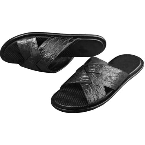 S tianxin new 2021 true crocodile male slippers black Leather soles men slippers men shoes