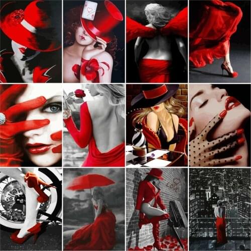 AZQSD DIY Unframe Painting By Numbers Woman Handpainted Gift Coloring By Numbers Black And Red Series Portrait Home Decor