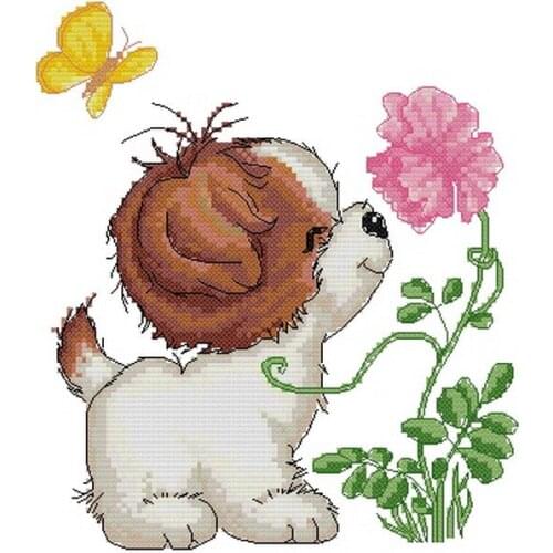 Cross stitch Handmade 14CT Counted Canvas DIY,Cross-stitch kits,Embroidery Puppy and carnation 28-30