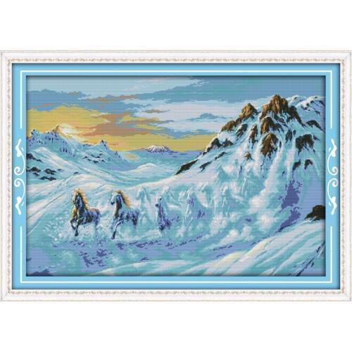 Horses running in the snow mountain cross stitch kit 14ct 11ct stamped canvas cross stitching embroidery DIY handmade needlework