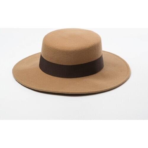 2021 new woolen woolen flat top hat shopping casual fashion ribbon decorative felt flat top hat