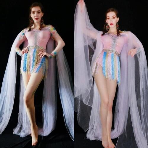 Women New Pink Sexy Mesh Shawl Rhinestone Multicolor Tassel Birthday Party Celebrate Stretch Dress Bar Dance Costume Bodysuit