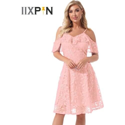 Womens Flower Dresses Floral Lace Dress Cold Shoulder Spaghetti Strap A-Line Dress Beach Prom Casual Sundress Summer Women Dress