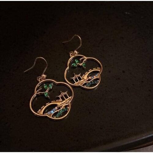 Minar Chinese Style Vintage Jewelry Gold Color Metal Shiny Rhinestones Bridge Earrings for Women Hollow Geometric Drop Earrings