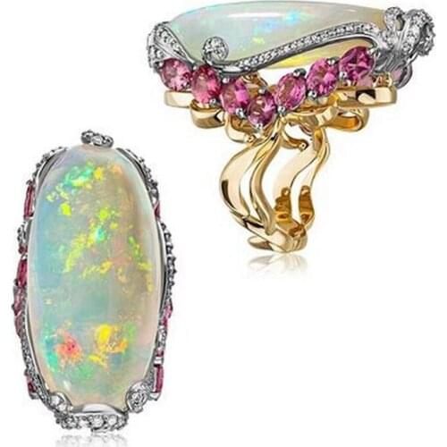 Creative Exaggeration Gold Colors Inlaid Ellipse Opal Rings for Women Exquisite Party Female Rings Wedding Engagement Jewelry