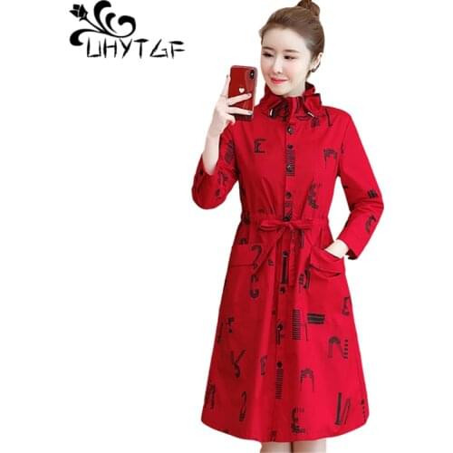 UHYTGF Autumn Winter Trench Coat Womens Fashion Red Black Mid-Length Casual 5XL Plus Size Outerwear Thin Windbreaker Female 1504