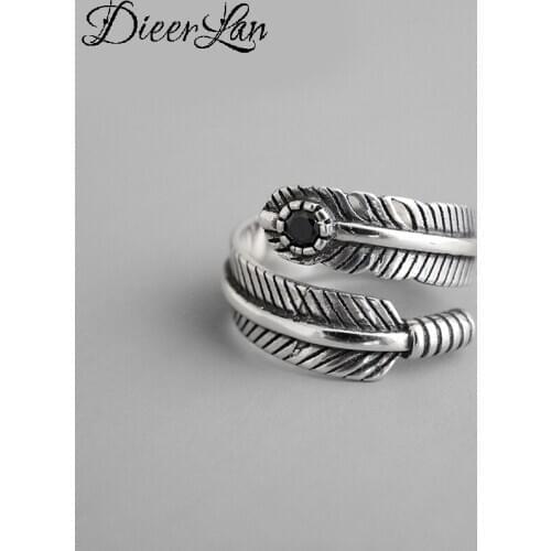 Ethnic Style 925 Sterling Silver Crystal Feather Rings for Women Bridal Wedding Vintage Open Finger Rings Christmas Gifts