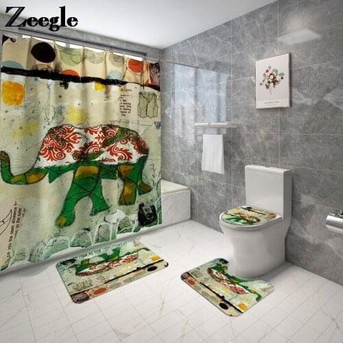 Printing Elephant Bath Mat Waterproof Shower Curtain Set Bathroom Toilet Mat Carpet Anti-slip Foot Mat Toilet Seat Cover Mat