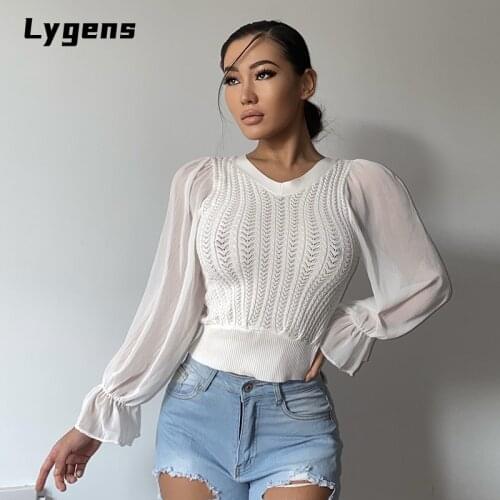 Lygens 2021 Autumn Winter Women Long Sleeve Knitted See Through Patchwork V Neck Sweatshirt Bodycon Sexy Streetwear Clothes