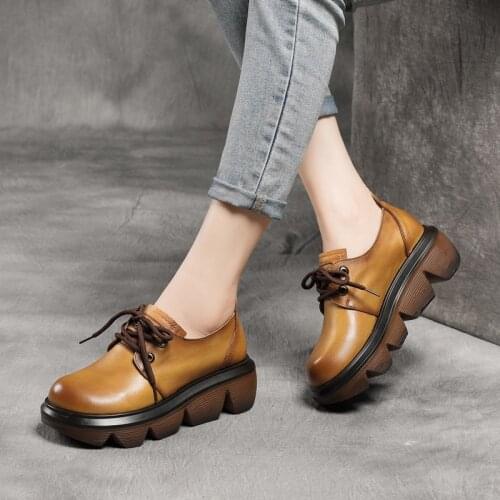 2021 Spring New Handmade Leather Casual Womens Shoes Head Layer Cowhide Thick-soled Wave Bottom Lace-up Single Shoes