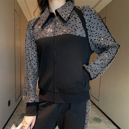 Ladies 2-piece set autumn 2021 new fashion casual top with diamond patch + pants set