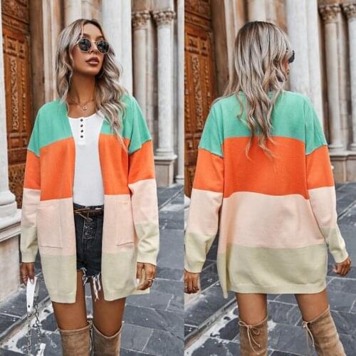 Women Winter Color Block Patchwork Stripes Cardigan Long Sleeve Open Front Knitted Sweater Coat Casual Loose Outwear with Pocket