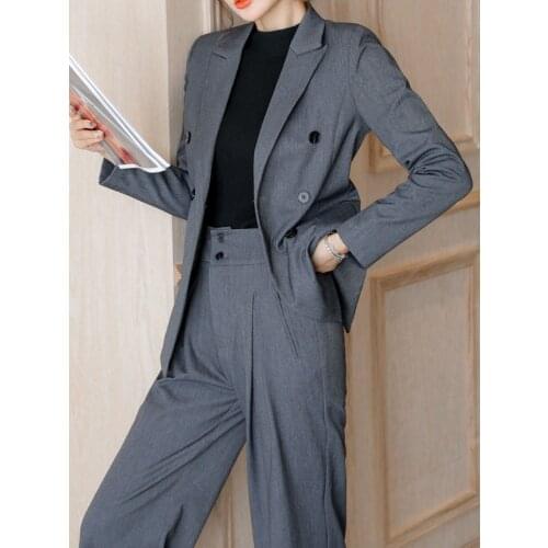 Two-Piece Gray Suit Female Spring and Autumn Pocket Wide-Leg Pants + Double-Breasted Blouse Office Business Wear