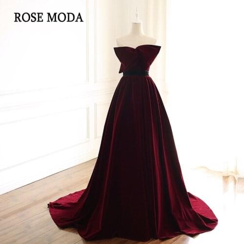 Rose Moda Burgundy Long Prom Dresses 2019 with Train Velvet Formal Party Dress Custom Make Real Photos