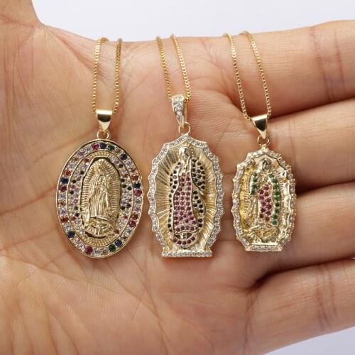 18 inches multiple colors cubic zircon cz crystal paved religious belief The Blessed Virgin Mary gold pendant necklace unisex
