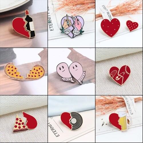 2pcs/set Heart series Pizza Red Wine Music Metal Enamel Pin Special Brooches Clothes Bag Lapel Pins Jewelry Badge For Women Gift
