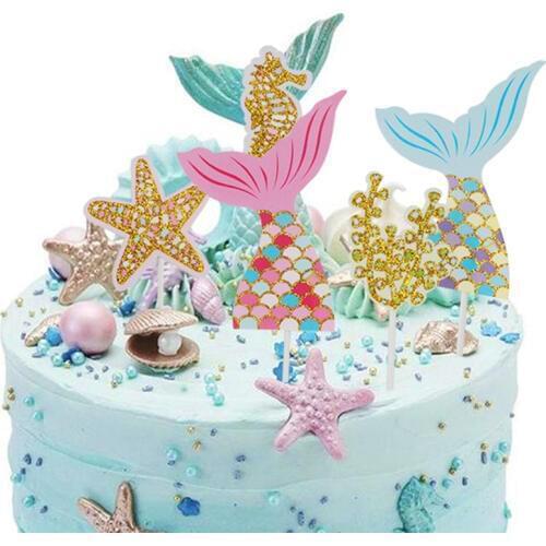 5pcs/set Birthday Glitter Cake Topper Little Mermaid Party Cupcake Toppers Gender Reveal Cake Picks Baby Shower Party Supplies