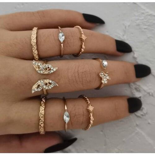 8 Pcs/Set Fashion Rings Set Women Cute Open Crystal Butterfly Geometric Gold Color Joint Ring Sweet Girl Birthday Party Jewelry