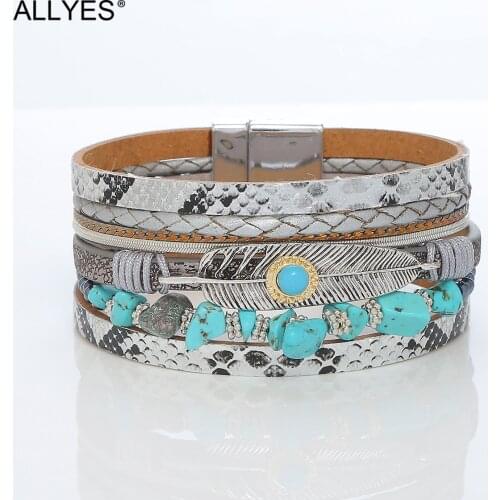 ALLYES Boho Snake Skin Leather Bracelets for Women Fashion Natural Stone Beads Feather Charm Bracelet Bangle Female Jewelry