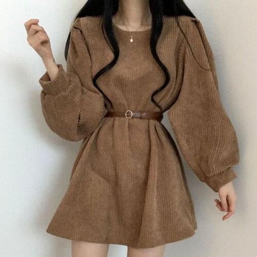 One-Piece Korean Lantern Sleeve Corduroy Dress 2021 Fall/Winter Vintage O Neck Loose Casual Niche Mori Girl A-Line Short Dresses