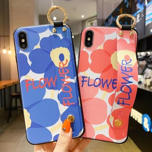 Colored Flower Wrist Strap Phone Case for iPhone 12 Pro Max Mini 11 6 6S 7 8 Plus X XR XS Max Phone Holder Soft Cover Funda