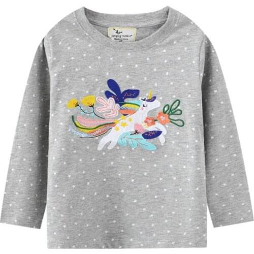 Jumping Meters Fashion Girls Autumn Winters Tshirts With Embroidery Unicorn Applique Childrens Tops Toddler Clothes
