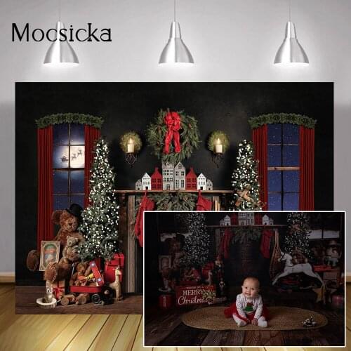 Christmas Portrait Cake Smash Backdrop Studio Fireplace Socks Window Xmas Tree Background Bear Toys Winter Indoor Birthday Photo