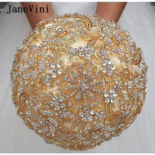 JaneVini High-end Gold Bridal Bouquets Luxury Diamond Crystal Artificial Satin Roses Wedding Brooch Bouquet Mariee Accessories