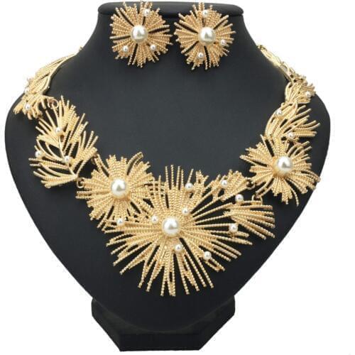 Big Flower Statement Necklace Set ZA Women Wedding African Imitation Pearl Metal Bridal Earrings Necklace Jewelry Sets UKMOC
