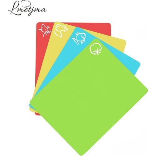 LMETJMA 4Pcs/set Chopping Block Set Extra Thick Flexible Plastic Cutting Board Mat With Food Icons Kitchen Chopping Block KC0034
