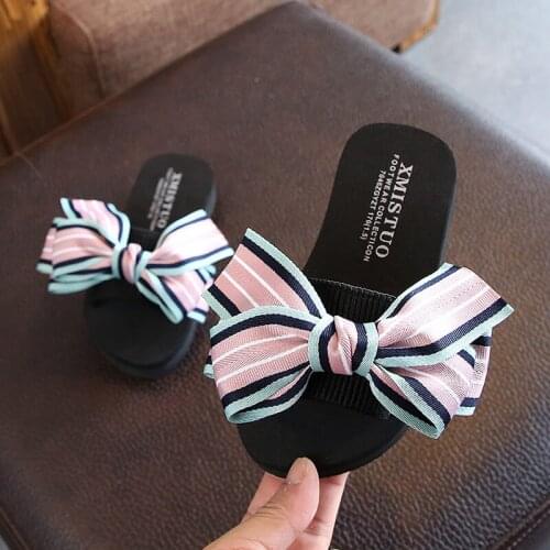 Fashion Childrens Slippers Sweet Bowknot Girls Slippers Outdoor Antiskid Parent-child Shoes Lovely Stripe Kids Slippers 24-42