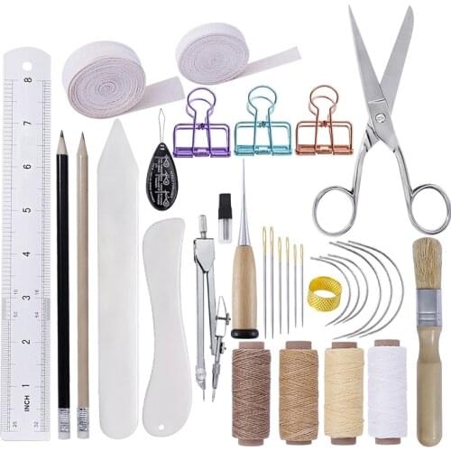 LMDZ 32Pcs Hand Bookbinding Tools Kit Edged Scoring Folder Sewing Thread Ruler Needles Tool Set for Bookbinding Bone Folder Set