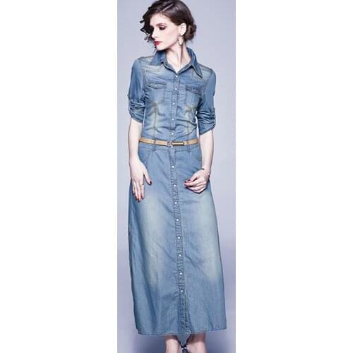 New Women Denim Long Dress Summer 2021 Elegant Fashion Turn-down Collar Button Pocket Slim Tencel Denim Dress
