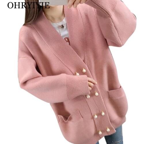 OHRYIYIE Autumn Winter Pearl Beading Cardigan Sweater Women 2020 New Fashion Long Sleeve Knitted Sweaters Female Long Loose Coat