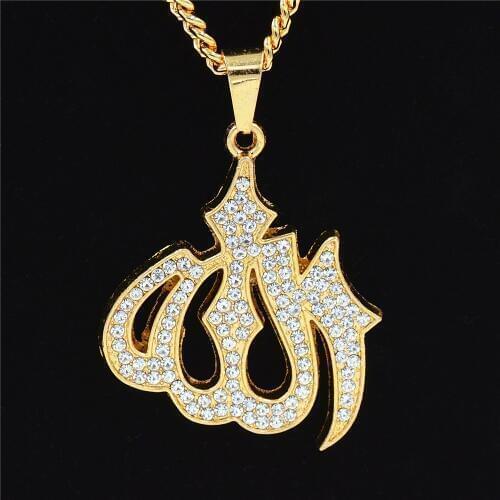 Uodesign HIP Hop Arabic Muslim Allah Pendants Necklaces Gold Alloy Bling Iced Out Islamic Necklace for Men Islam Jewelry