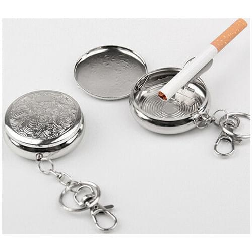 Useful Portable Pocket Stainless Steel Round Cigarette Ashtray With Keychain Windproof Cases Keychain Outdoor Smoking Accessory