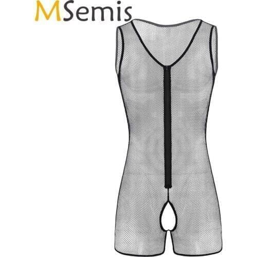 Sexy See Through Body Lingerie for Men Gay Open Crotch Sheer Fishnet Bodysuit Porno Hollow Out Sissy Leotard Nightwear Clubwear