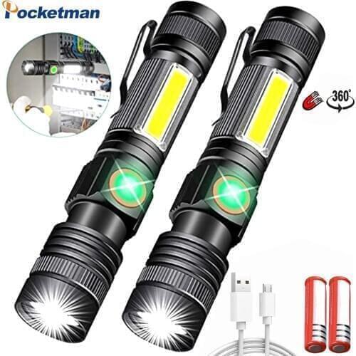 12000LM LED Pocket Tactical Flashlight Super Bright Magnetic Torch with Cob Sidelight Waterproof Zoomable 4 Modes For Outdoor