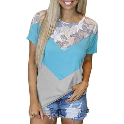 Womens Round Neck T-shirts Casual Pullover Shorts Sleeve Summer Loose Tops Fashion Pactwork T-Shirt