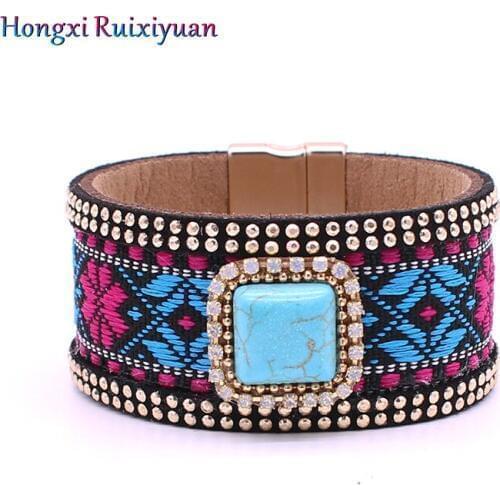 Fashion leather bracelet female magnetic buckle bracelet retro pattern rhinestone winding bracelet friendship jewelry