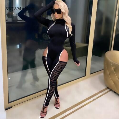ANJAMANOR Sexy Black Jumpsuit Women Plus Size Clothing Club Outfits Hollow Out Mesh Sheer Long Sleeve Bodycon Romper D48-DA35