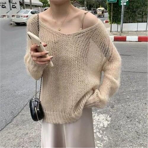 Blue Cream Beige Loose Thin Women Pullovers Sweater 2021 Lady Deep V Neck Hollow Out Knit Casual Top Retro Jumpers Korean Style