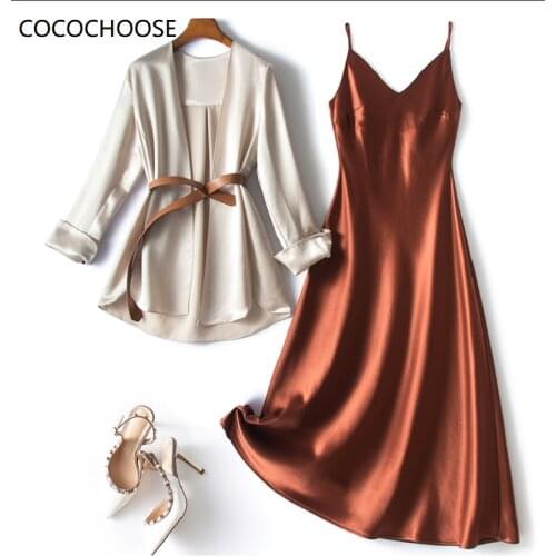 Women luxury acetate satin blazer and slip dress office two piece outfits spring summer 2021 designer elegant sexy dresses suits