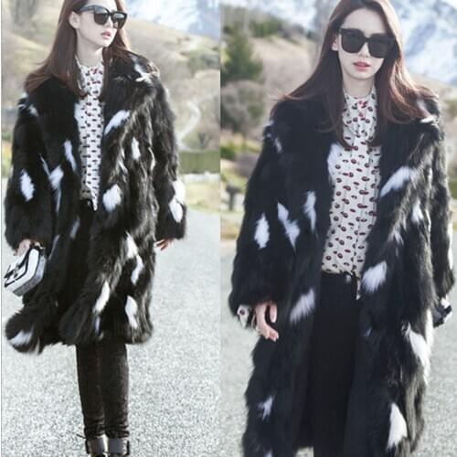 Black Hairy Shaggy Faux Fox Fur Leopard Coat Long Sleeve Furry Women Knee Length Jacket Trench Outerwear Y748
