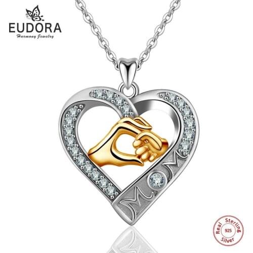 EUDORA 925 Sterling Silver Mother love Crystal CZ Necklace Heart Pendant Chain for Womens Jewelry luxury Collar for MOM Gift