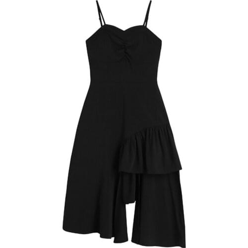 PERHAPS U Slash Neck Spaghetti Strap Sleeveless Black Women Midi Dress Mid-calf Solid Zipper Ruffle Asymmetrical D2220